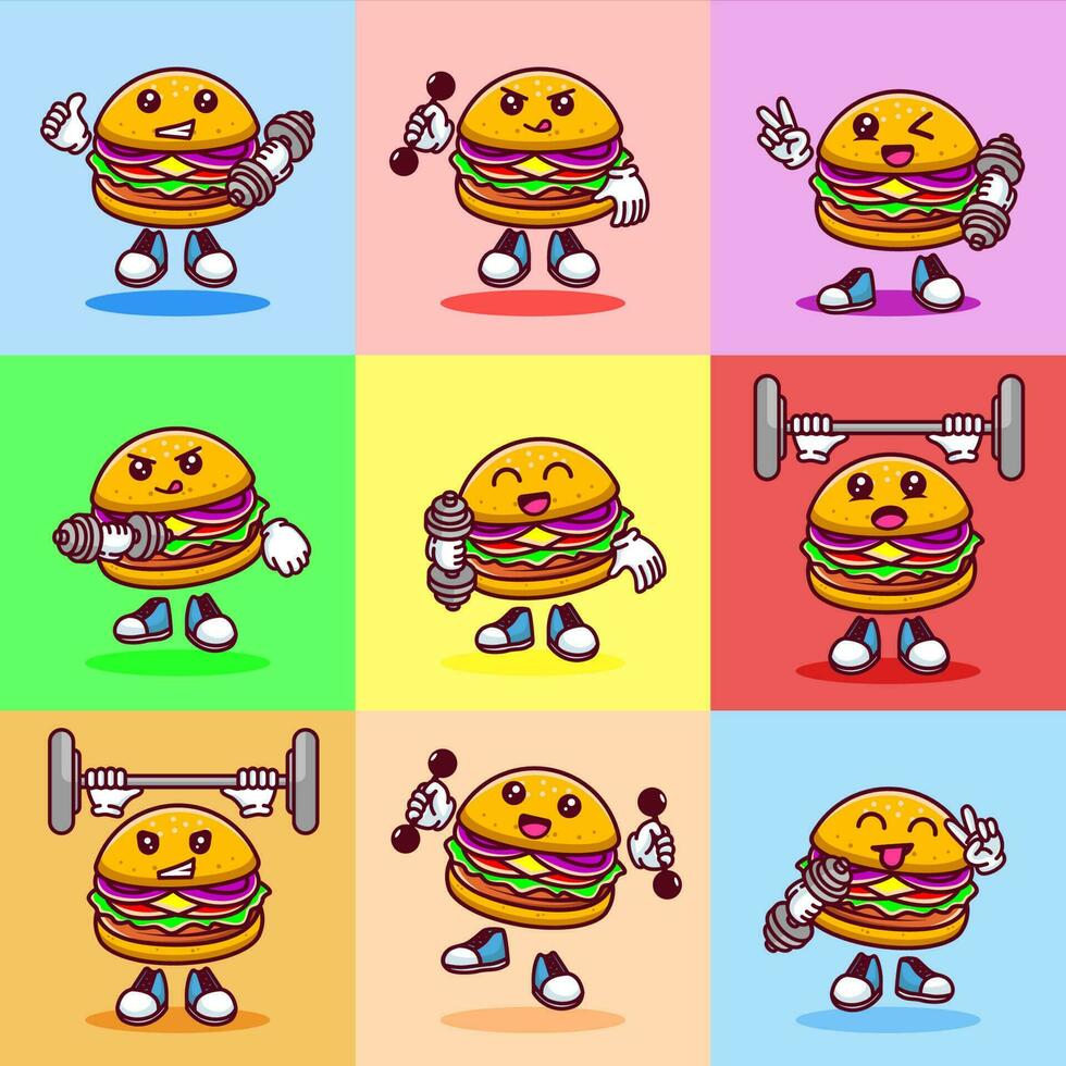 Set of Vector illustration of kawaii burger cartoon character with barbell. Vector eps 10