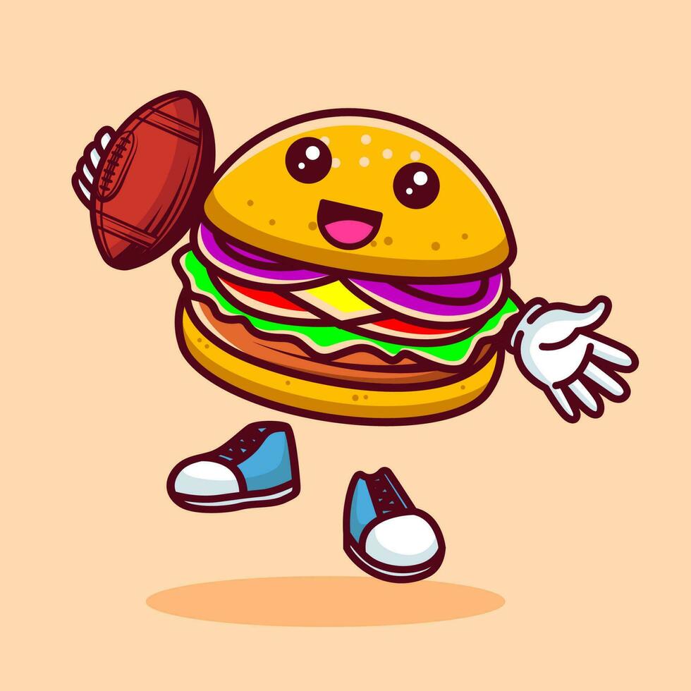 Vector illustration of kawaii burger cartoon character with american football. Vector eps 10