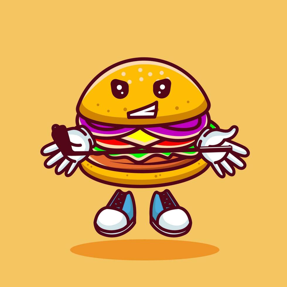 Vector illustration of kawaii burger cartoon character with stick golf and ball. Vector eps 10