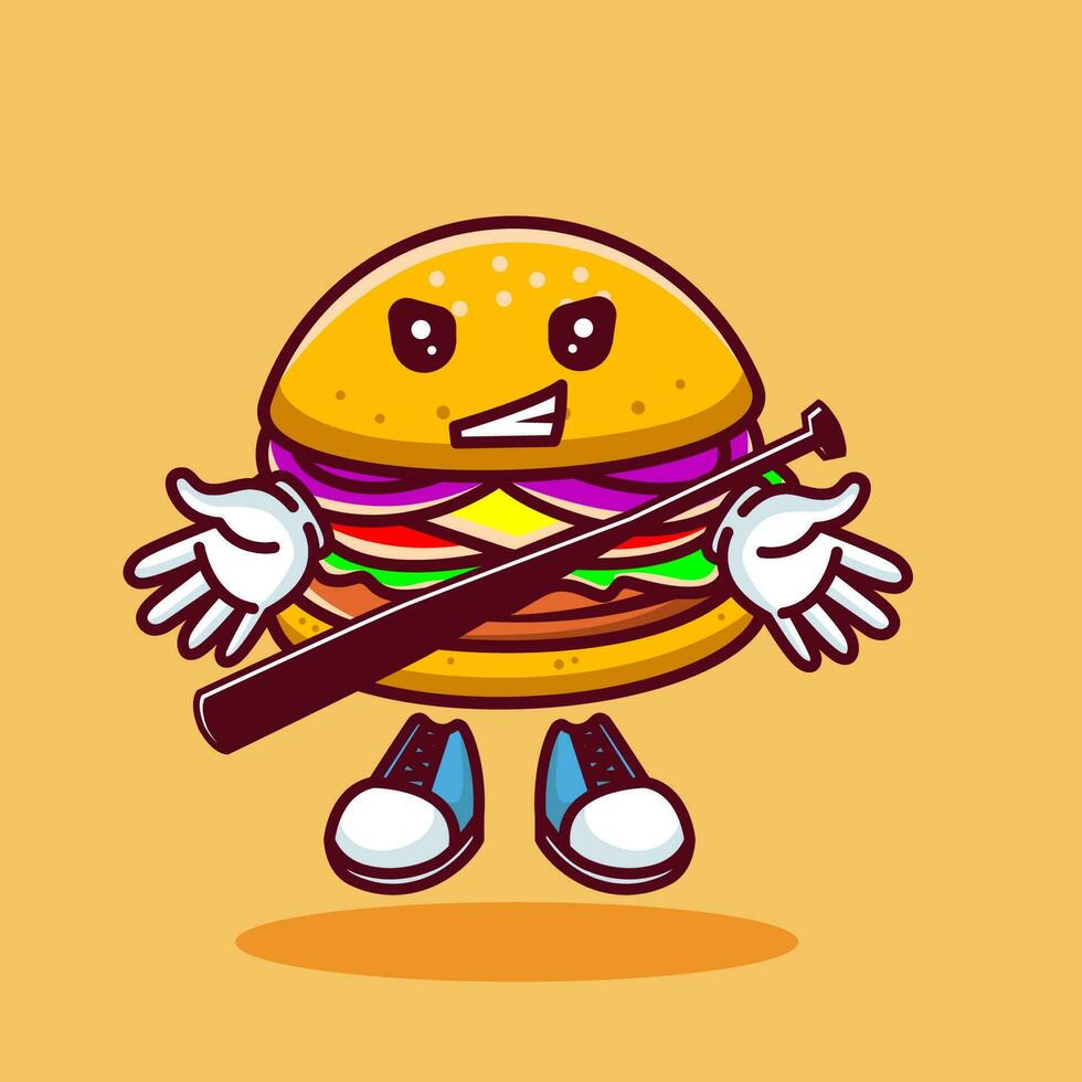 Vector illustration of kawaii burger cartoon character with baseball bat and ball. Vector eps 10