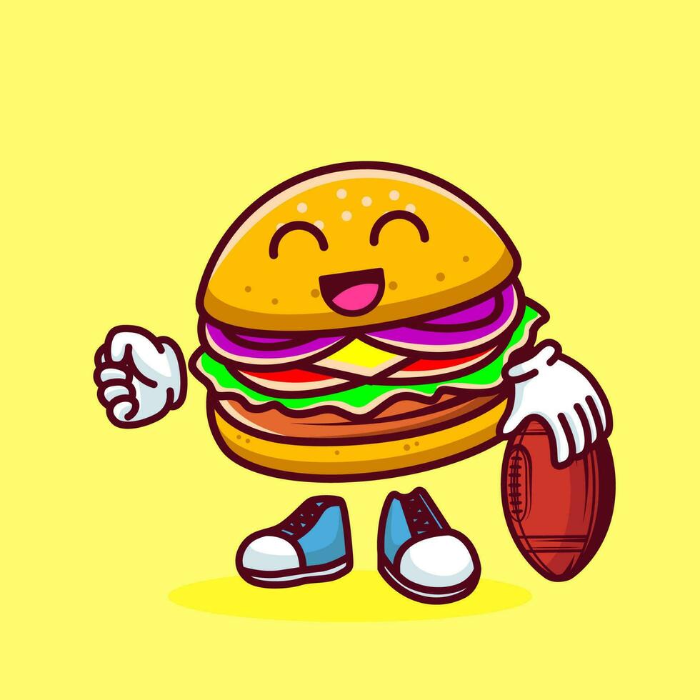 Vector illustration of kawaii burger cartoon character with american football. Vector eps 10
