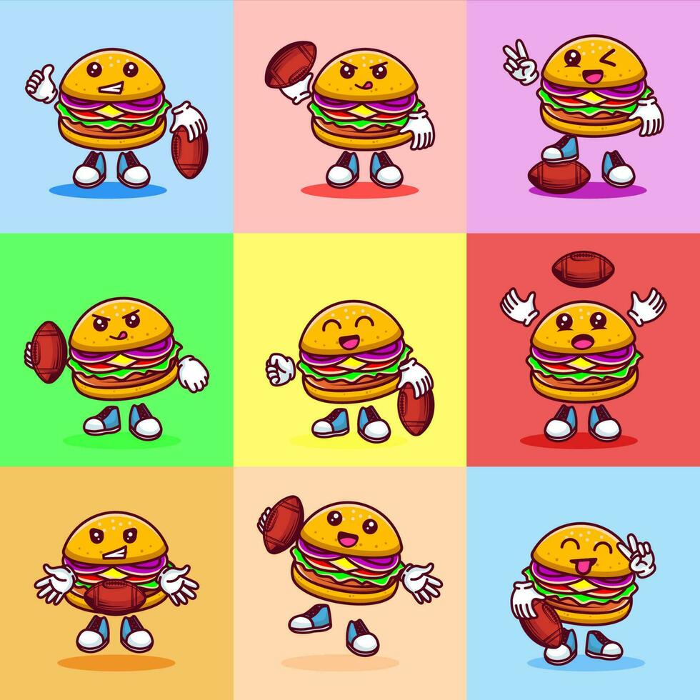 Set of Vector illustration of kawaii burger cartoon character with american football. Vector eps 10