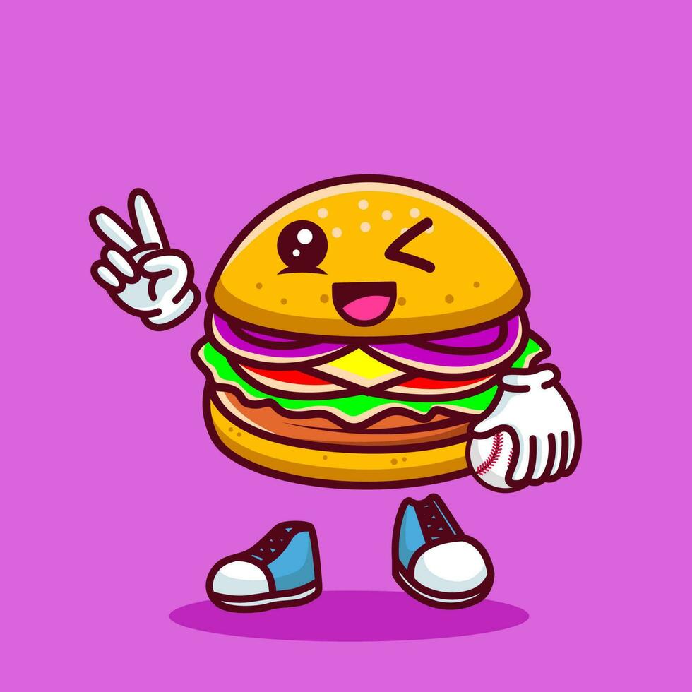 vector ilustración de kawaii hamburguesa dibujos animados personaje con béisbol murciélago y pelota. vector eps 10