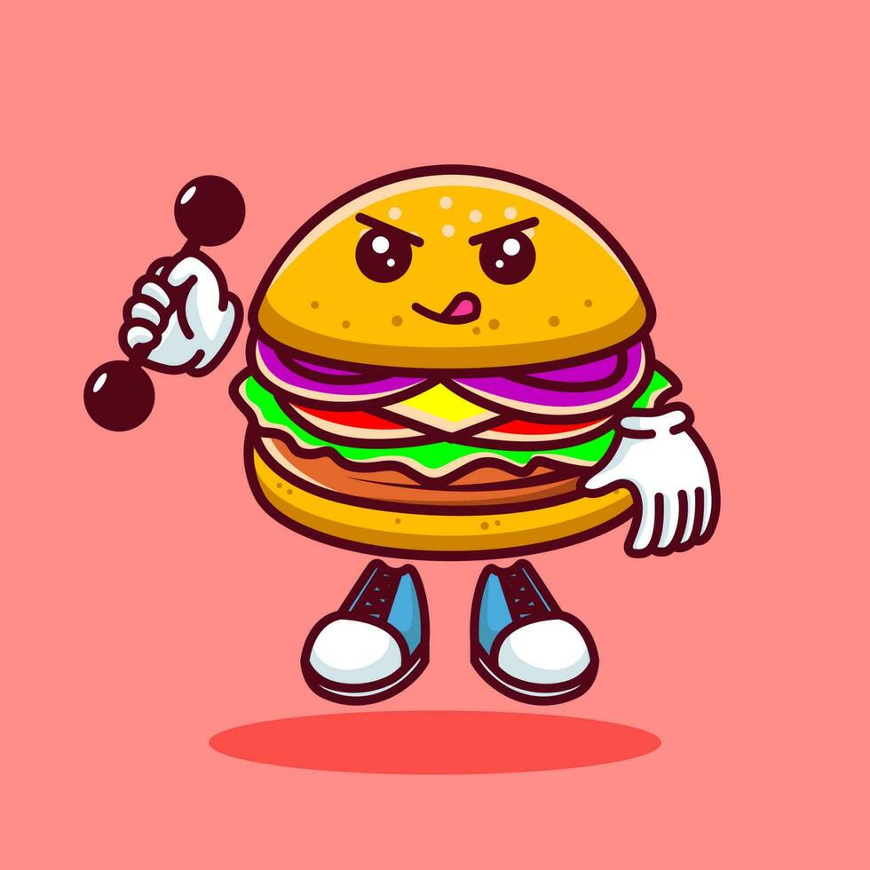 Vector illustration of kawaii burger cartoon character with barbell. Vector eps 10