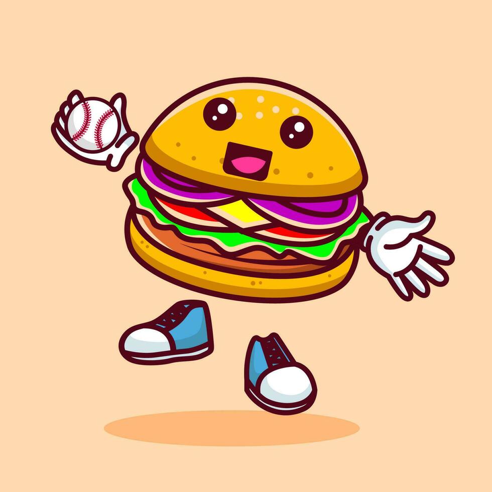 Vector illustration of kawaii burger cartoon character with baseball bat and ball. Vector eps 10