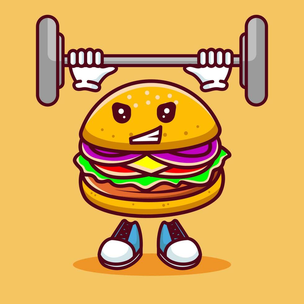 Vector illustration of kawaii burger cartoon character with barbell. Vector eps 10