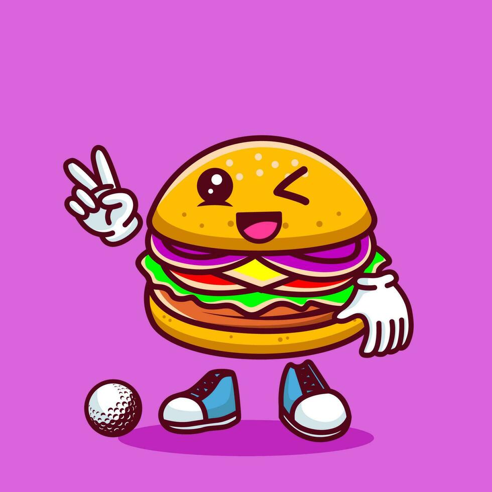 Vector illustration of kawaii burger cartoon character with stick golf and ball. Vector eps 10