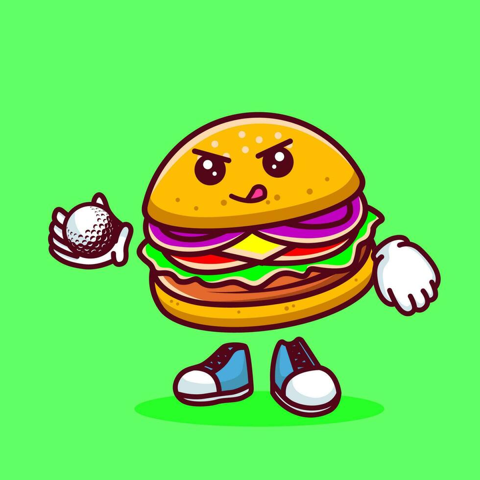 vector ilustración de kawaii hamburguesa dibujos animados personaje con palo golf y pelota. vector eps 10