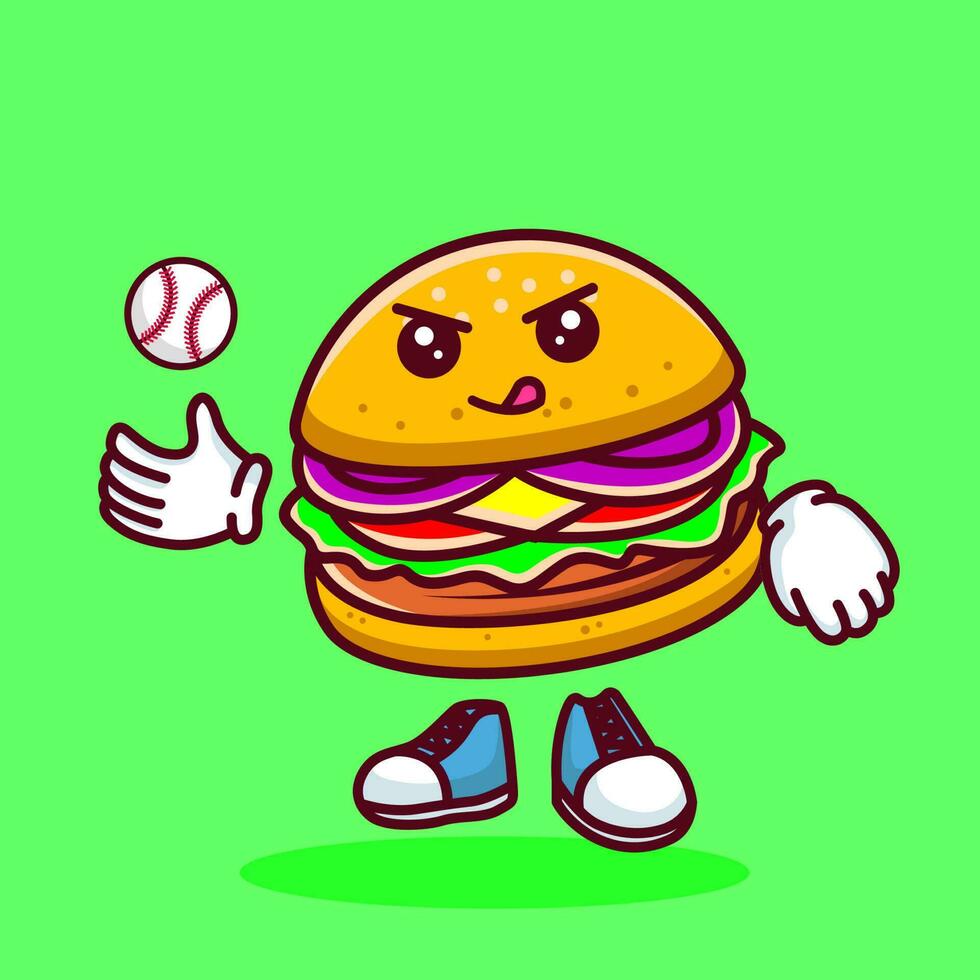 Vector illustration of kawaii burger cartoon character with baseball bat and ball. Vector eps 10