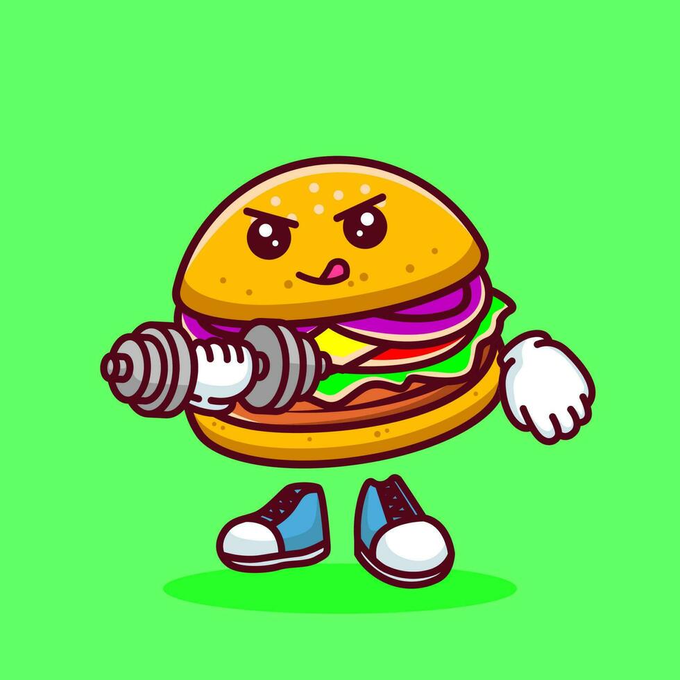 Vector illustration of kawaii burger cartoon character with barbell. Vector eps 10