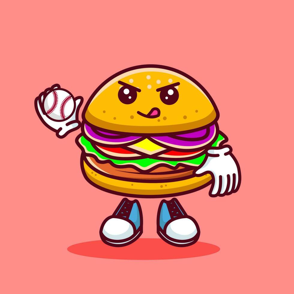 Vector illustration of kawaii burger cartoon character with baseball bat and ball. Vector eps 10
