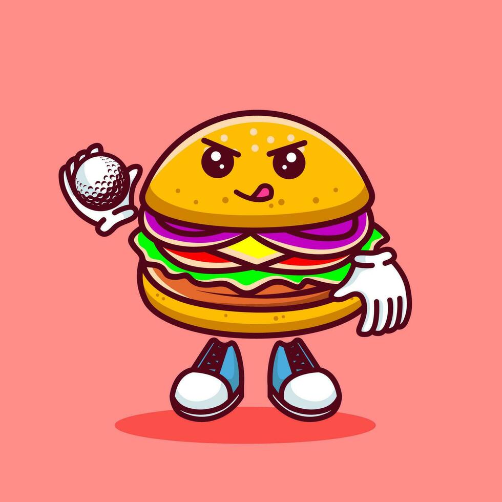 vector ilustración de kawaii hamburguesa dibujos animados personaje con palo golf y pelota. vector eps 10