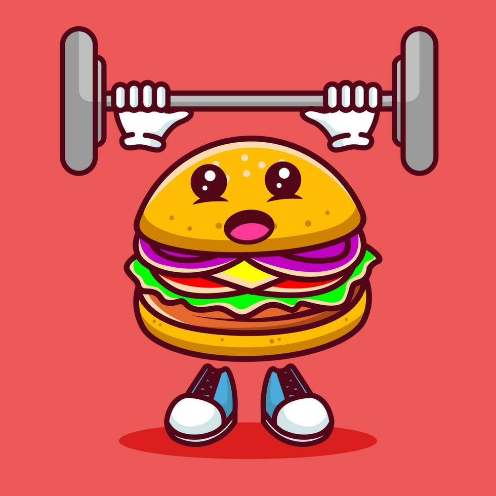 Vector illustration of kawaii burger cartoon character with barbell. Vector eps 10