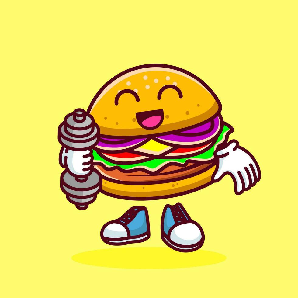 Vector illustration of kawaii burger cartoon character with barbell. Vector eps 10