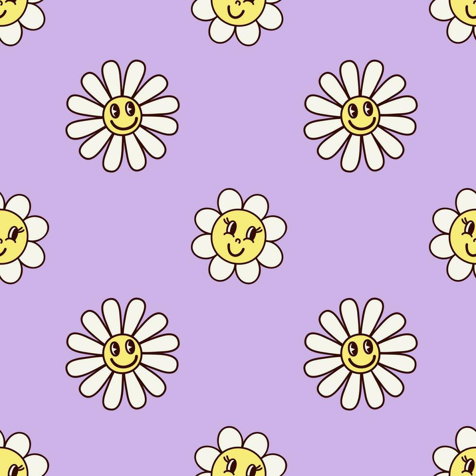 Groovy seamless pattern with daisies flower, 70s, hippie, very peri vector