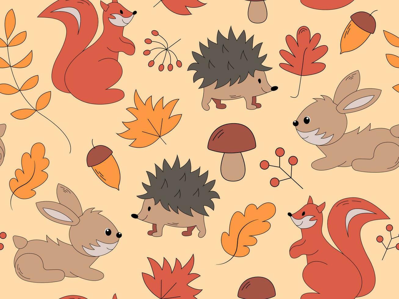 Vector seamless pattern with cute cartoon autumn elements for Thanksgiving day decoration. Small wild animals - squirrel, hedgehog and hare in the autumn forest with yellow leaves.