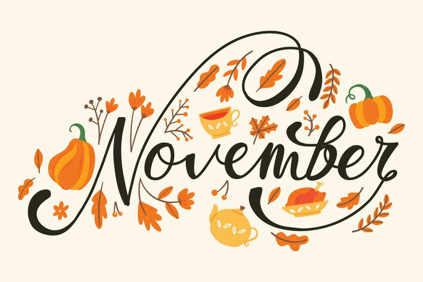 November Lettering With Autumn Decoration vector