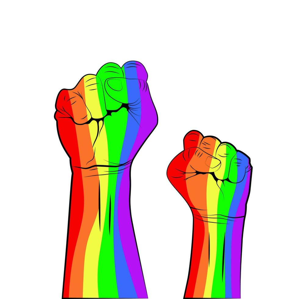 Gay Pride. LGBT concept. Rainbow colored hand with fist raised up isolated on white background. Vector