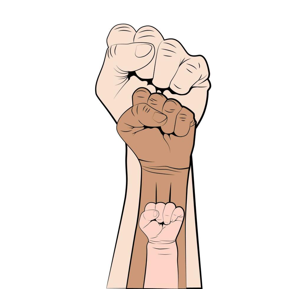 Female male and children fist up. Fight for rights and freedoms. Vector illustration