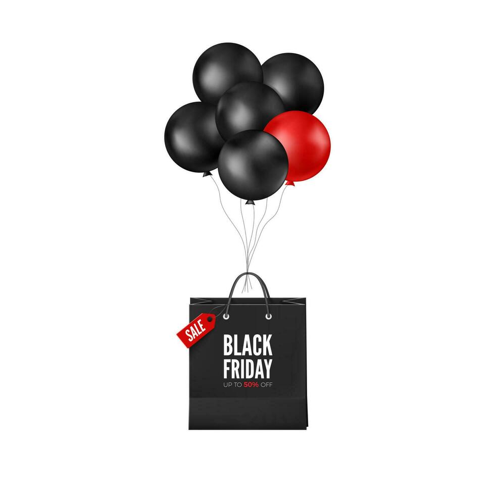 Black Friday Poster with Discount. Black and red balloons with shopping bag. Web banner design. Vector illustration