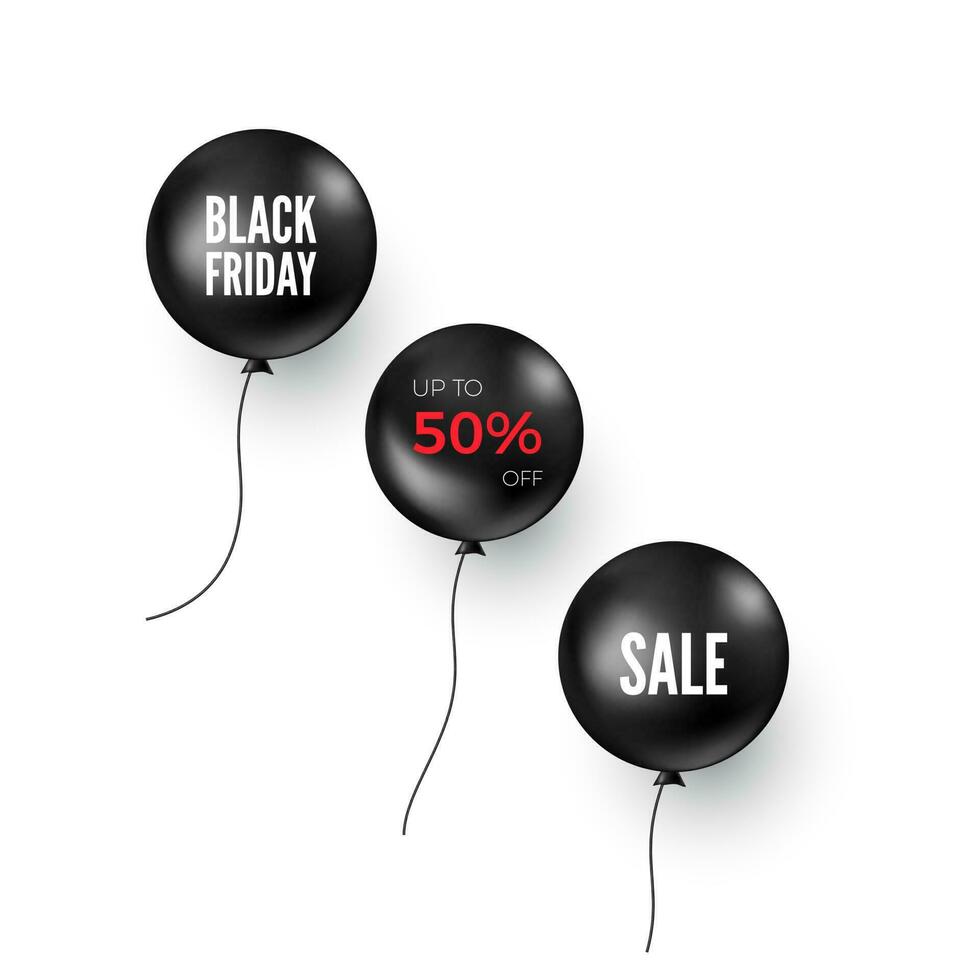 Set of black balloons with discount offer. Black Friday banner or poster design element. Vector illustration