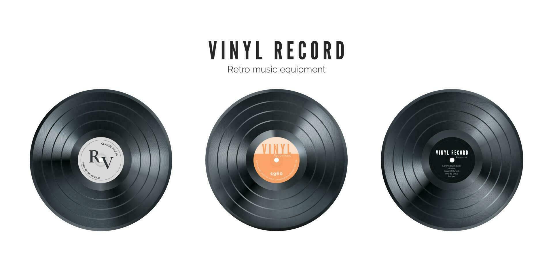 Vinyl music record set. Retro audio disk. Realistic vintage gramophone disc with cover mockup. Vector illustration