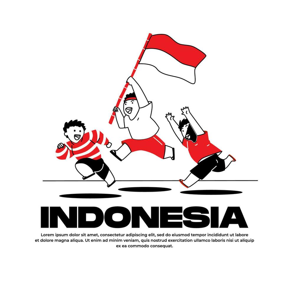 A poster three boys hold indonesia flag for celebrate indonesia independence day vector