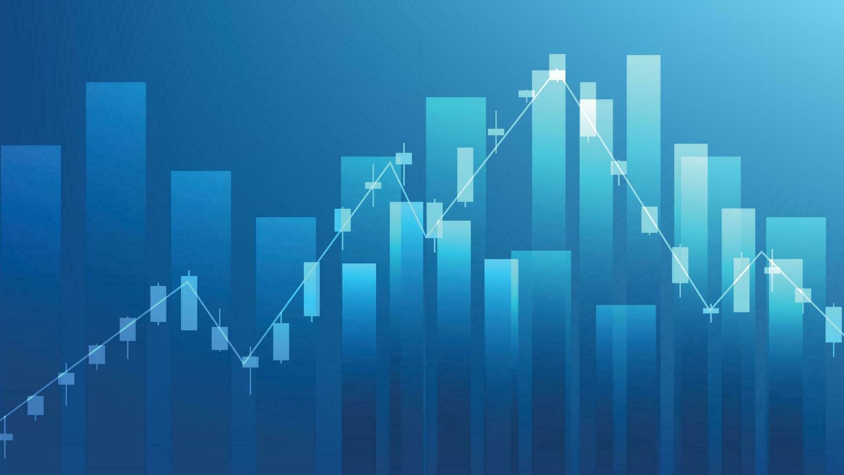 concepto de situación económica. las estadísticas de negocios financieros con gráfico de barras y gráfico de velas muestran el precio del mercado de valores y el cambio de divisas en el fondo azul vector