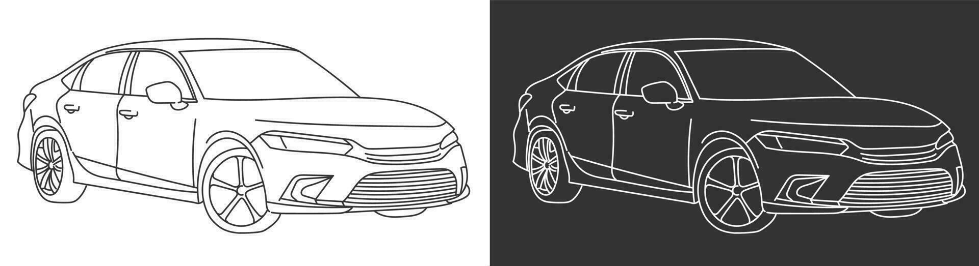 Black outline art illustration of modern sports car isolated on black and white vector