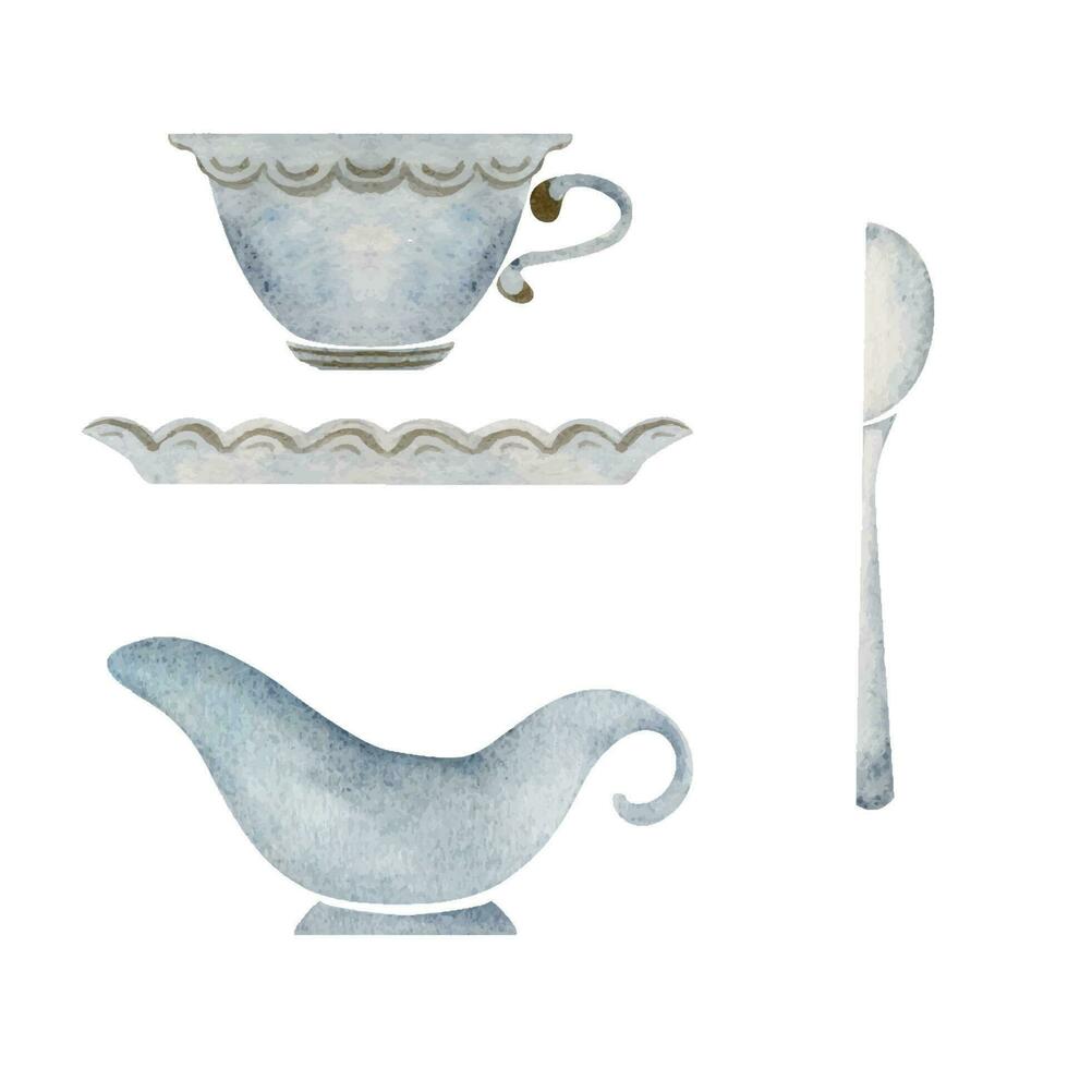 Watercolor hand drawn illustration. Tea cup, saucer, creamer of white and blue porcelain, spoon. Isolated object on white background. For invitations, cafe, restaurant food menu, print, website, cards vector