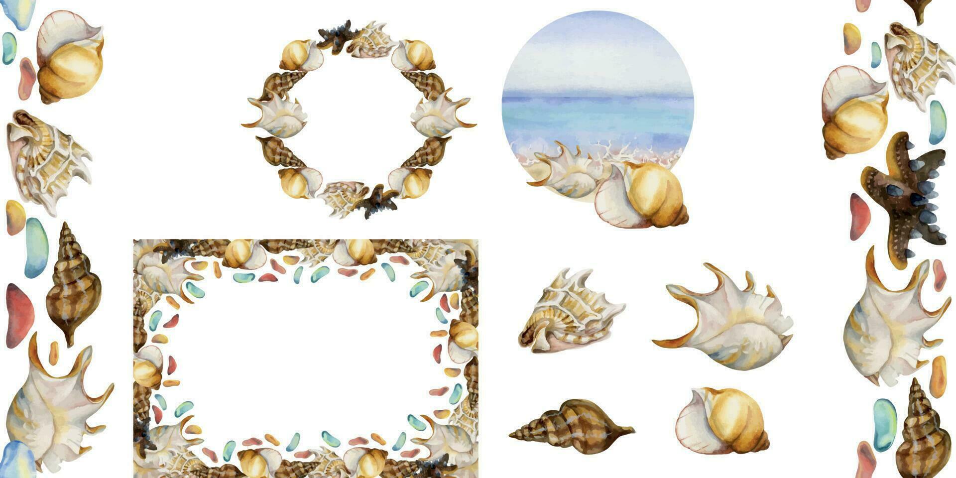 Hand drawn watercolor set of compositions. Beach accessories, sea sand umbrella shells. Isolated on white background. Design for wall art, wedding, print, fabric, cover, card, tourism, travel booklet. vector