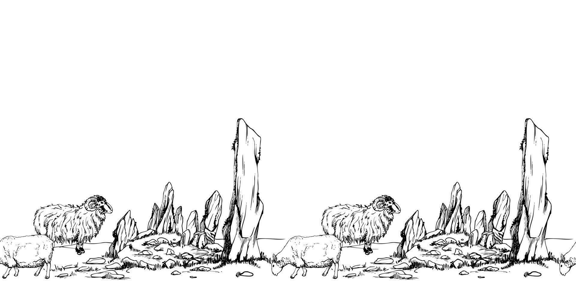 Ink hand drawn vector graphic sketch. Seamless border. Scotland scenic landscape with a circle of standing stones and grazing sheep. Design for tourism, travel, brochure, wedding, guide, print.