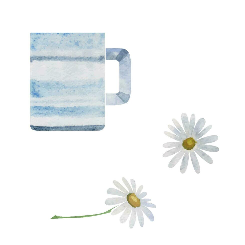 Watercolor hand drawn illustration. Cup mug striped white and blue porcelain, camomile flowers. Isolated object on white background. For invitations, cafe, restaurant food menu, print, website, cards vector