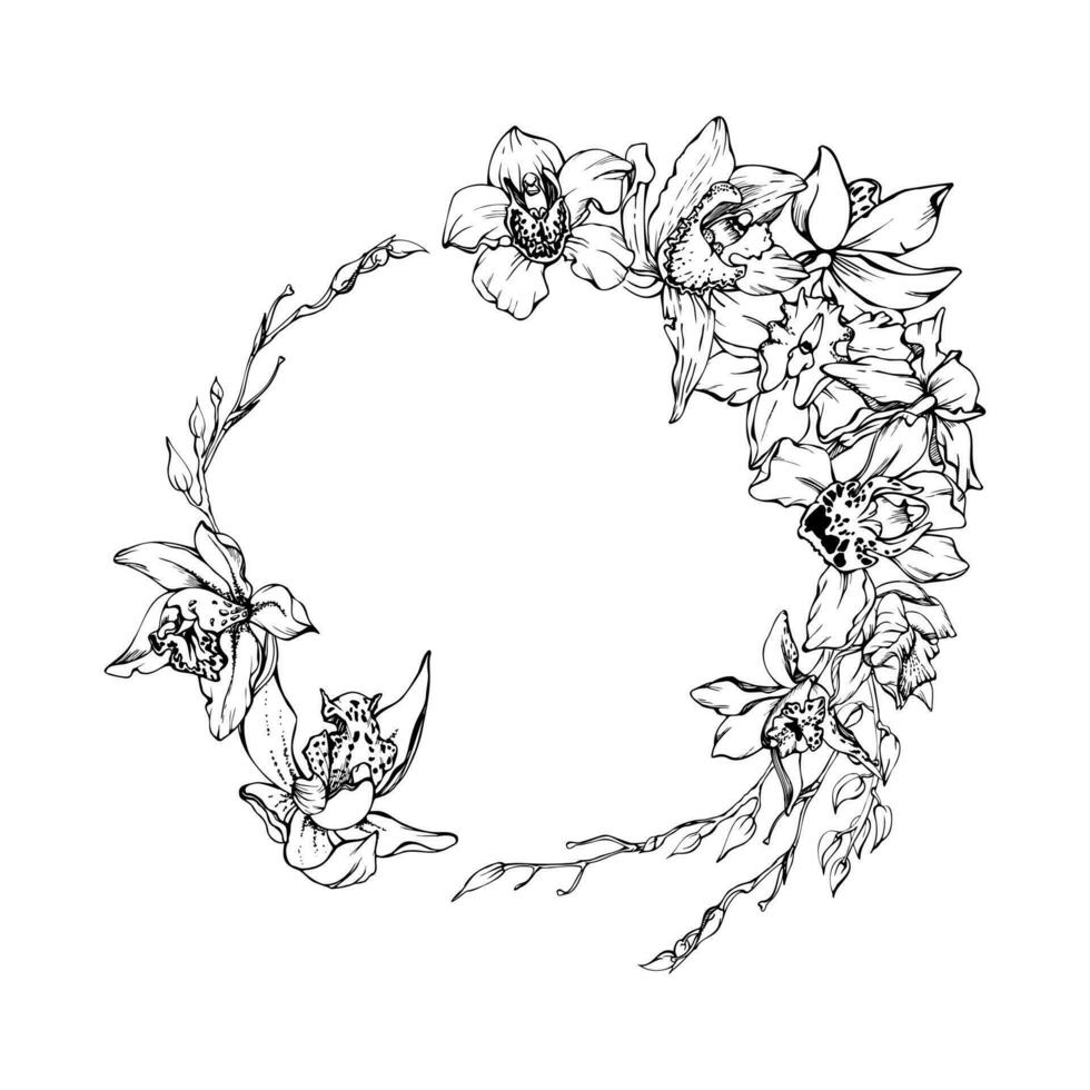 Hand drawn vector ink orchid flowers and branches, monochrome, detailed outline. Circle wreath composition. Isolated on white background. Design for wall art, wedding, print, tattoo, cover, card.