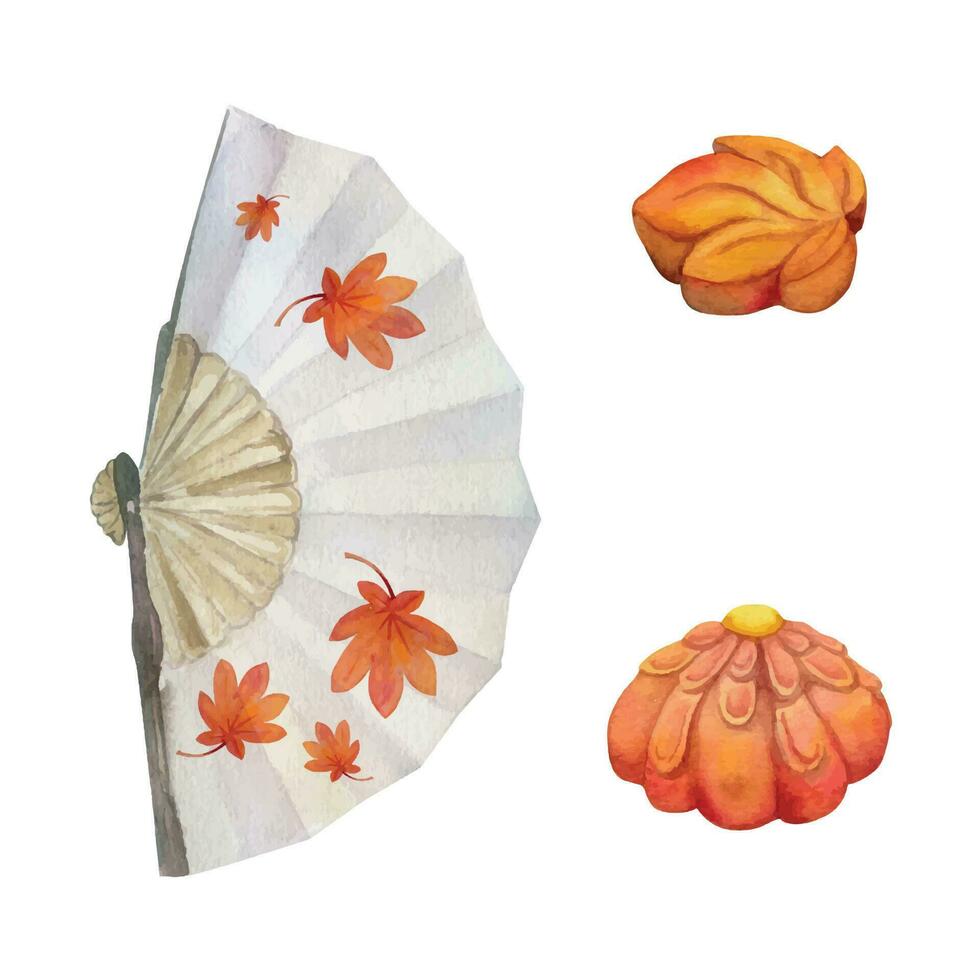 Watercolor hand drawn set of traditional Japanese sweets. Autumn nerikiri wagashi with fan. Isolated on white background. Design for invitations, restaurant menu, greeting cards, print, textile. vector