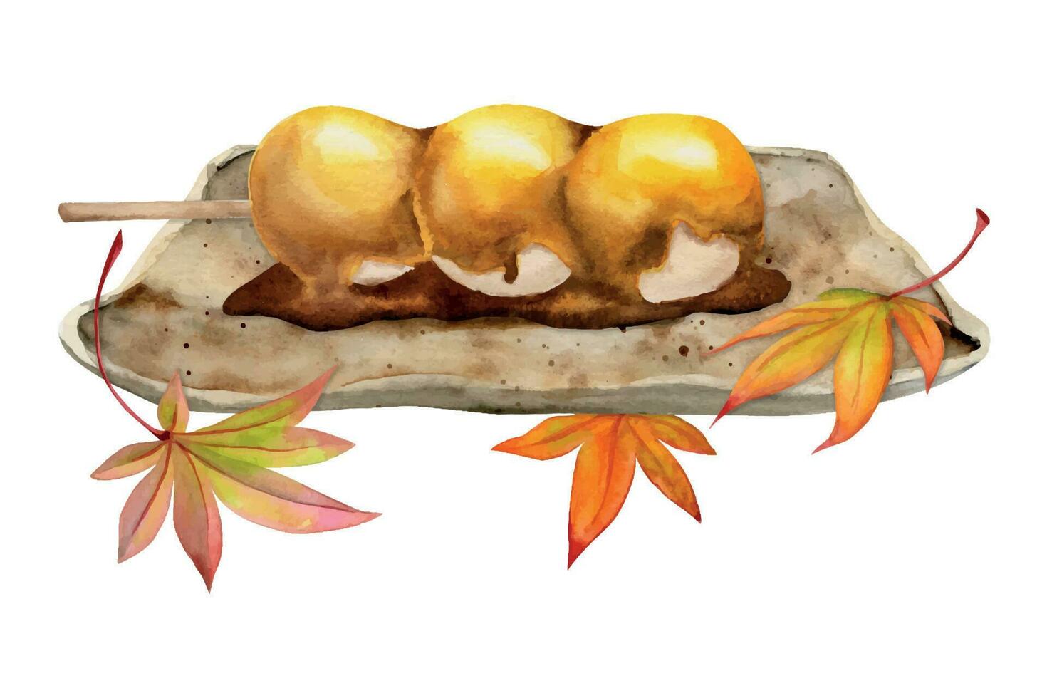 Watercolor hand drawn traditional Japanese sweets. Ceramic dish, mitarashi dango, autumn leaves. Isolated on white background. Design for invitations, restaurant menu, greeting cards, print, textile vector