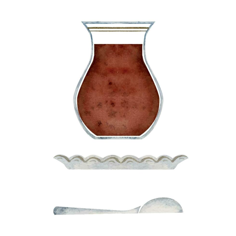 Watercolor hand drawn illustration. Turkish glass tea cup, porcelain saucer and spoon. Isolated set of objects on white background. For invitations, cafe, restaurant food menu, print, website, cards vector