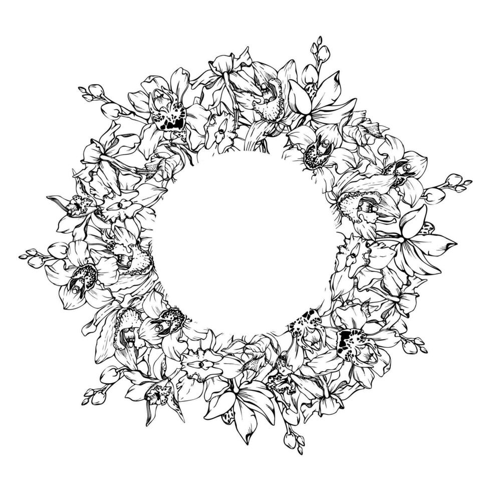 Hand drawn vector ink orchid flowers and branches, monochrome, detailed outline. Circle wreath composition. Isolated on white background. Design for wall art, wedding, print, tattoo, cover, card.