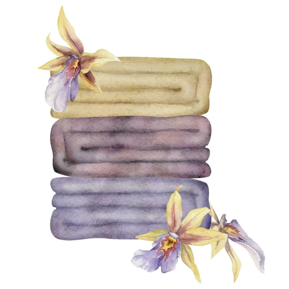 Hand drawn watercolor spa skincare towels bath beauty products package. Horizontal composition. Isolated on white background. Design for wall art, wellness resort, print, fabric, cover, card, booklet. vector