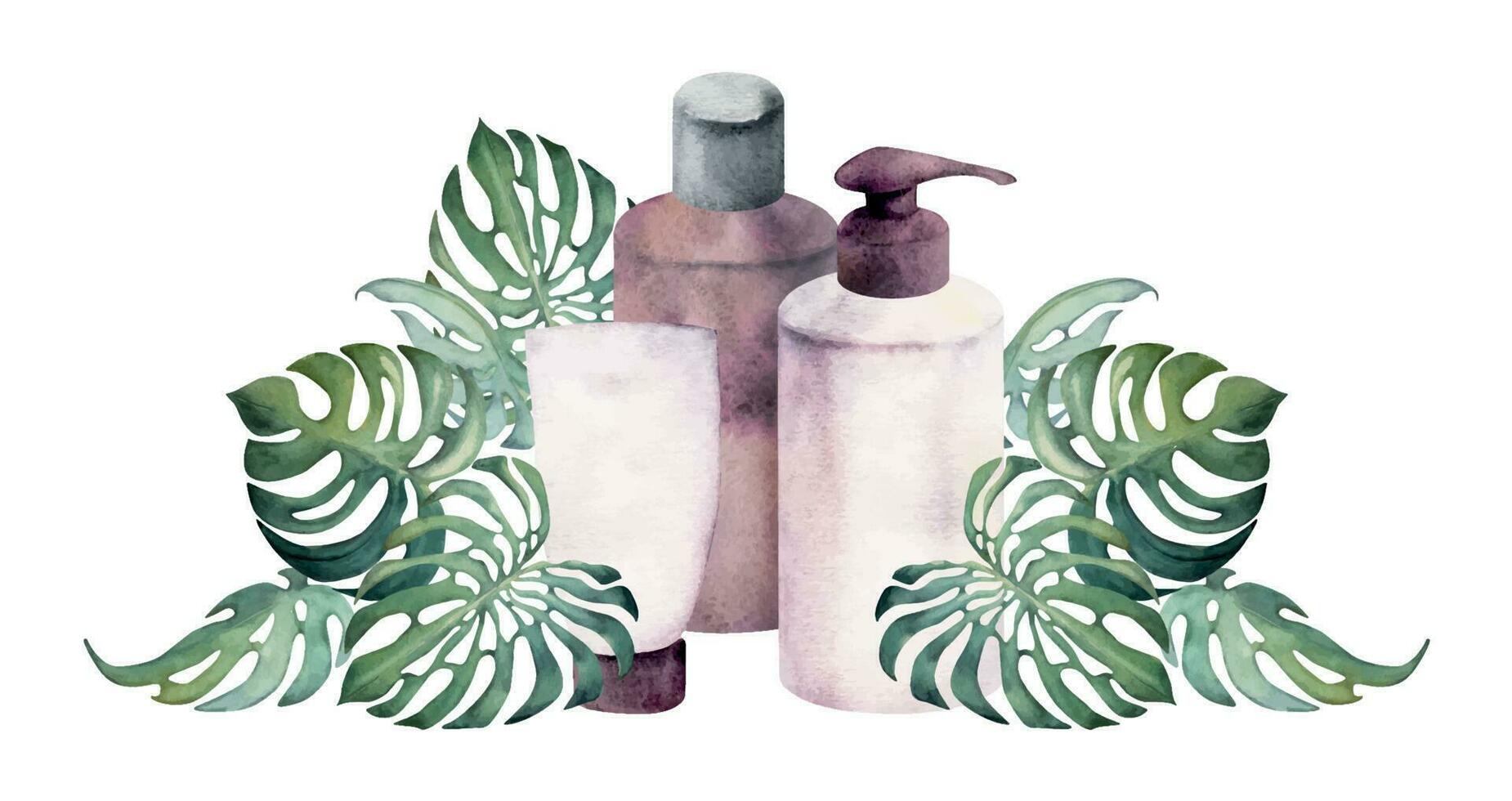 Hand drawn watercolor spa skincare bath beauty products package flowers. Horizontal composition Isolated on white background. Design for wall art, wellness resort, print, fabric, cover, card, booklet. vector