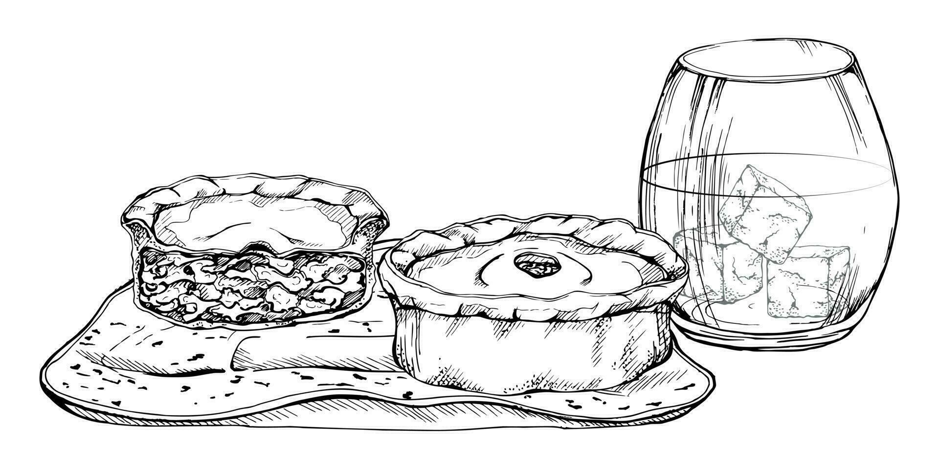 Ink hand drawn vector sketch. Scotland symbol food, scotch pie with minced meat or steak, glass with whisky on rocks. Design for tourism, travel, brochure, guide, print, card, tattoo, restaurant menu.