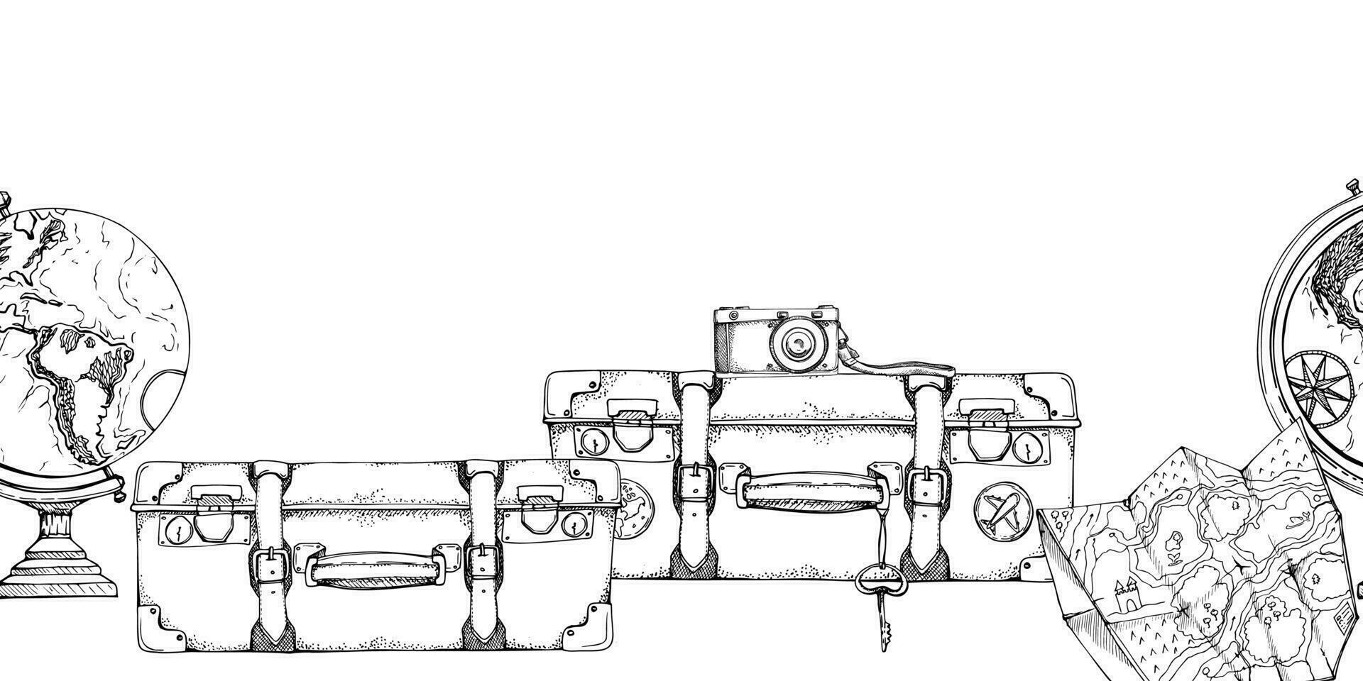 tinta mano dibujado vector bosquejo. sin costura bandera. Clásico retro equipaje, equipaje maletas con pegatinas, antiguo cámara, mapa, globo. diseño para turismo, viajar, folleto, boda, guía, imprimir, tarjeta tatuaje.