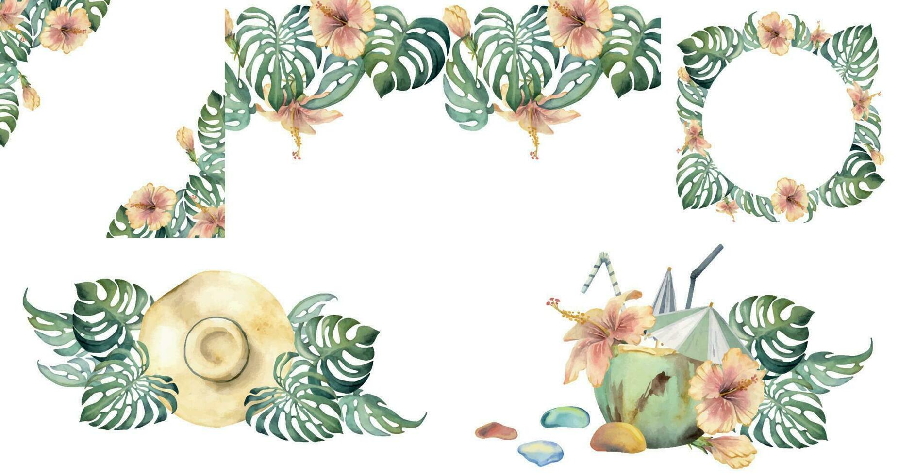Hand drawn watercolor set of compositions. Beach accessories, sea sand umbrella shells. Isolated on white background. Design for wall art, wedding, print, fabric, cover, card, tourism, travel booklet. vector