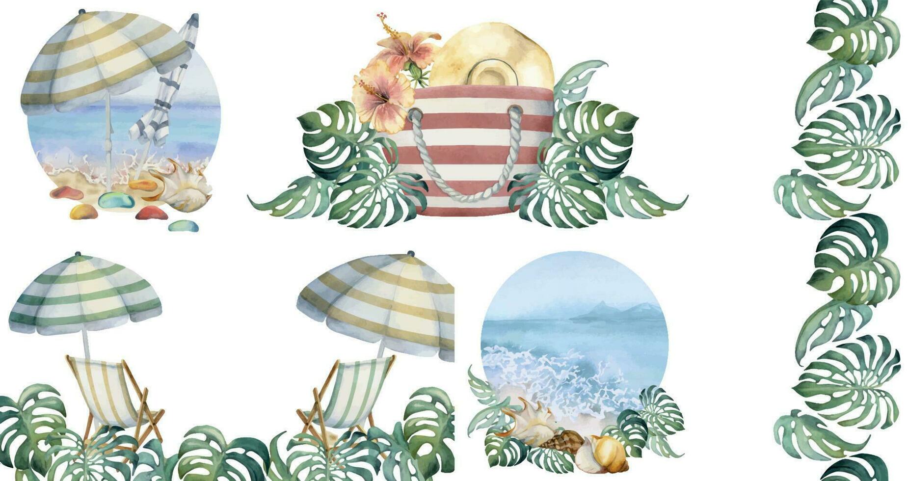 Hand drawn watercolor set of compositions. Beach accessories, sea sand umbrella shells. Isolated on white background. Design for wall art, wedding, print, fabric, cover, card, tourism, travel booklet. vector