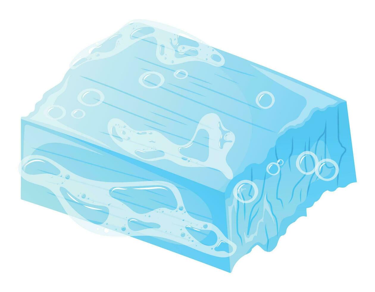 Handmade blue soap bar with foam and bubbles. Vector isolated cartoon illustration of natural hygiene product.