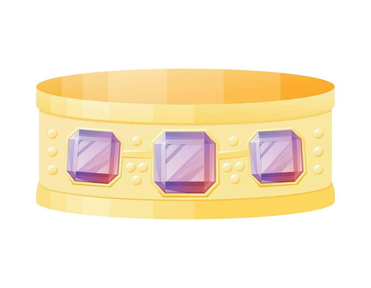 Gold bangle with realistic glowing purple gemstones. Vector isolated cartoon female jewelry bracelet.