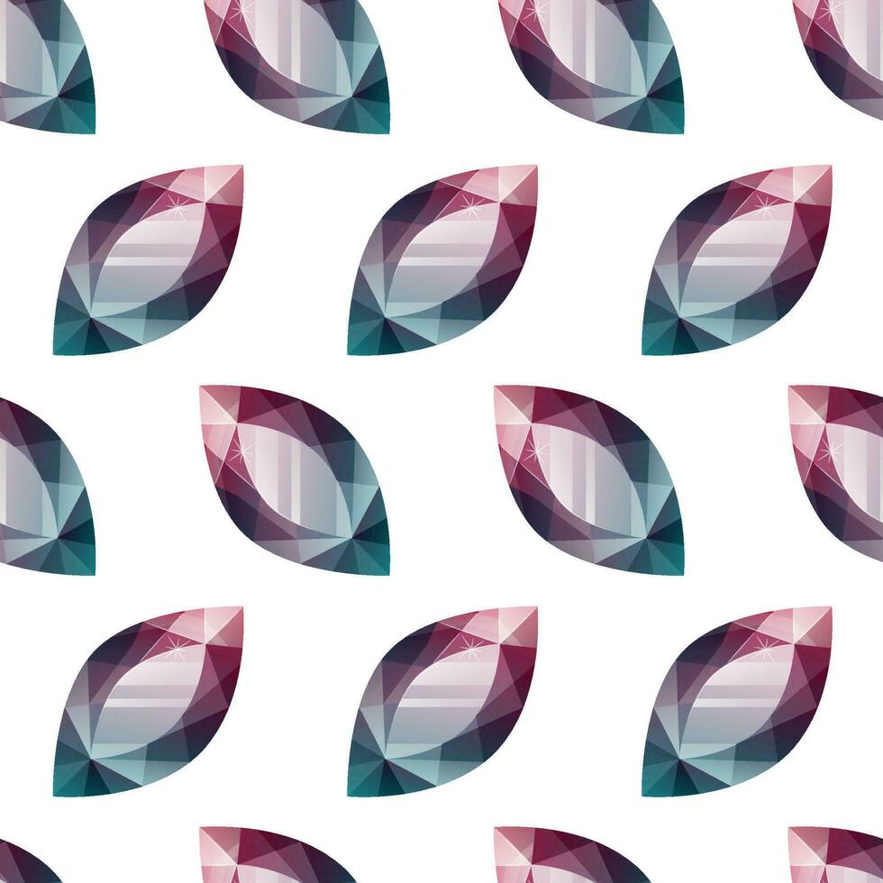 Shining realistic dark ruby emerald gemstone on white background. Vector seamless cartoon pattern of jewel treasure.