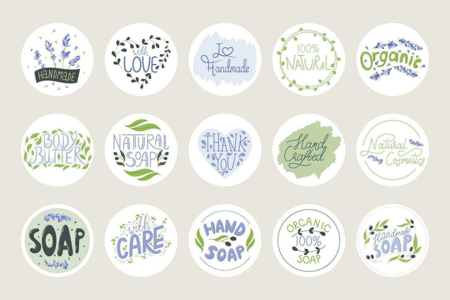 Set of vector isolated round stickers or labels for packaging of natural cosmetics and soaps with lettering. Floral patterns and frames with leaves.