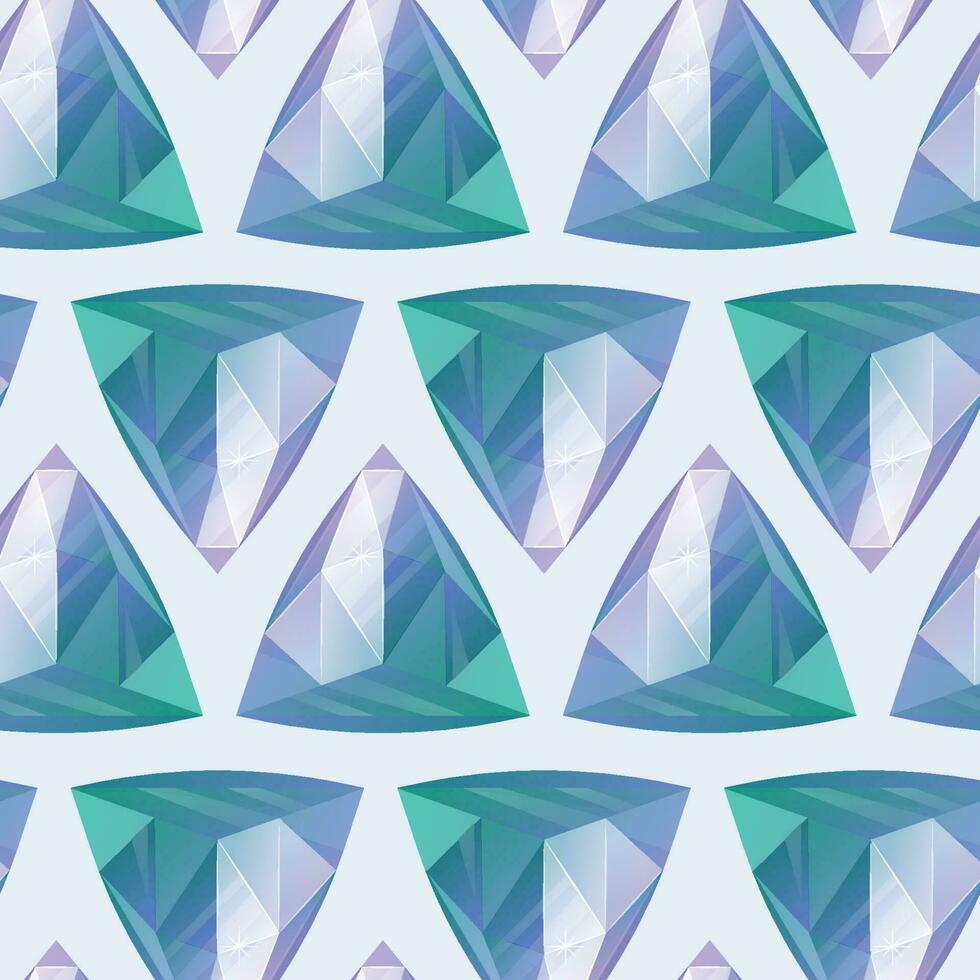 Shining emerald purple realistic triangular gemstone. Vector cartoon seamless pattern with expensive jewelry treasure.