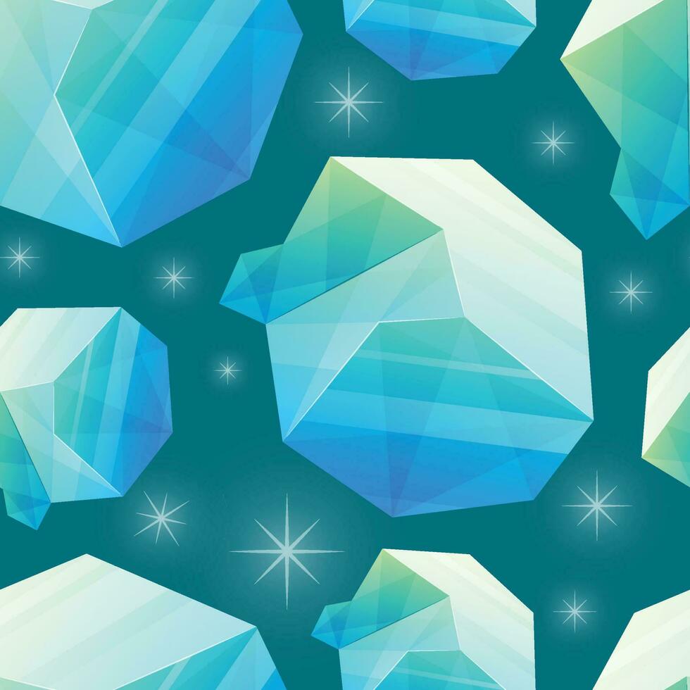Uncut shining blue diamond gemstone. Vector seamless cartoon pattern with treasure jewelry.
